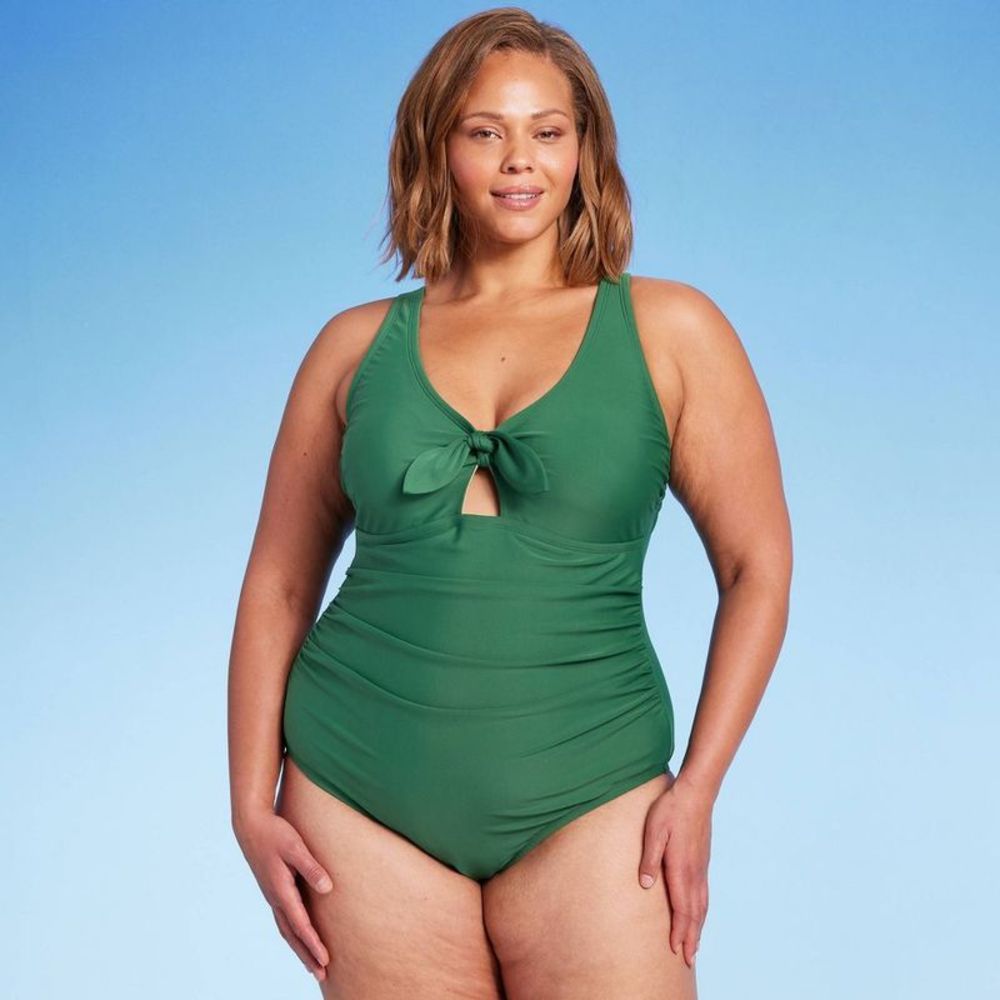 Women's Tie-Front Ruched High Coverage One Piece Swimsuit - Kona Sol Green